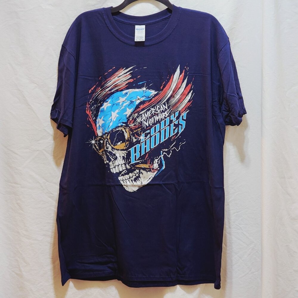 Gildan Cody Rhodes American Nightmare Skull T-Shirt XL Navy Blue Pro Wrestling